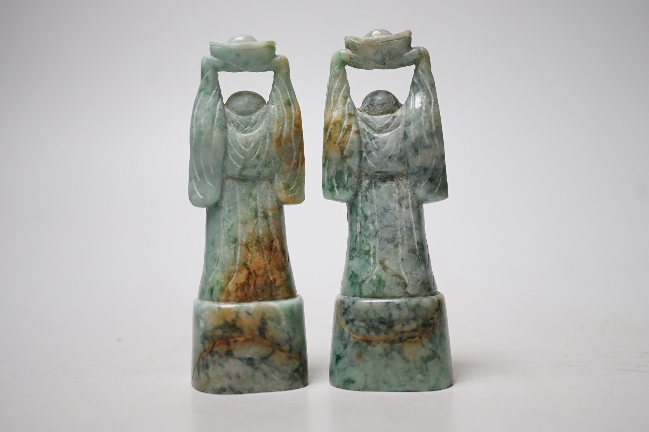 A pair of Chinese jadeite figures of Budai, 10cm tall